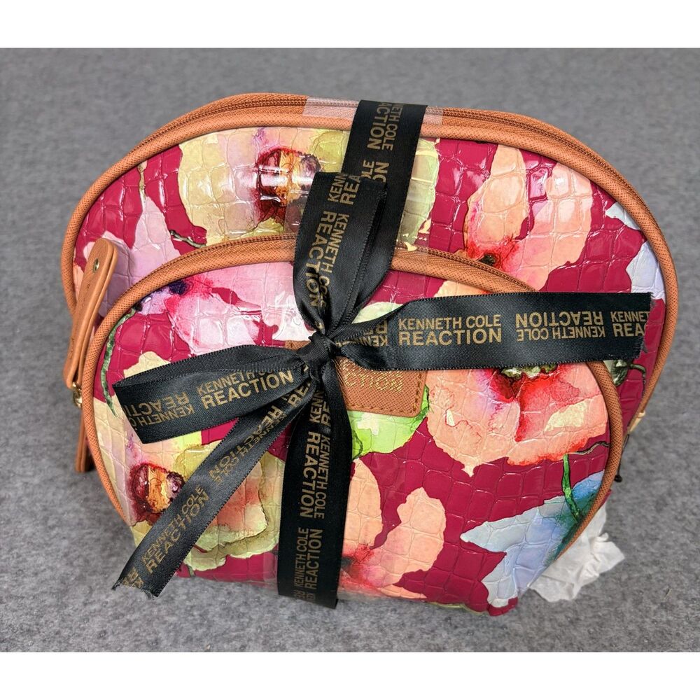 Kenneth Cole Reaction 2 Pc Dome Cosmetic Bag Set Floral Pink Multicolor NWT